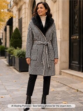 Jane & John Houndstooth Belted Sweater Coat Faux Fur Collar Large no